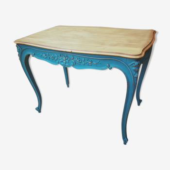 Louis XV peacock blue side table and raw wood tray