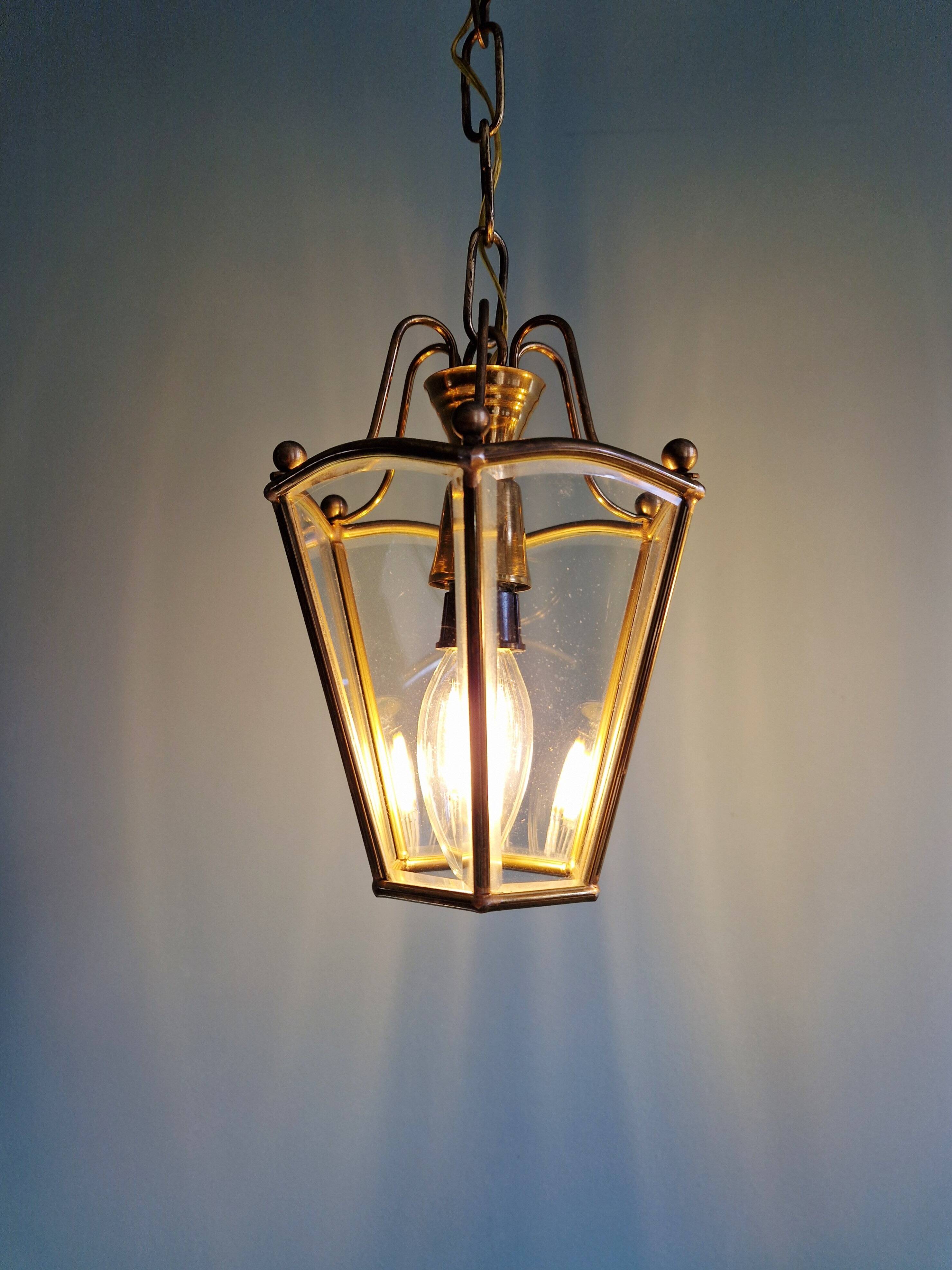Pair of brass and bevelled glass pendant lights/lanterns, 1950-60.