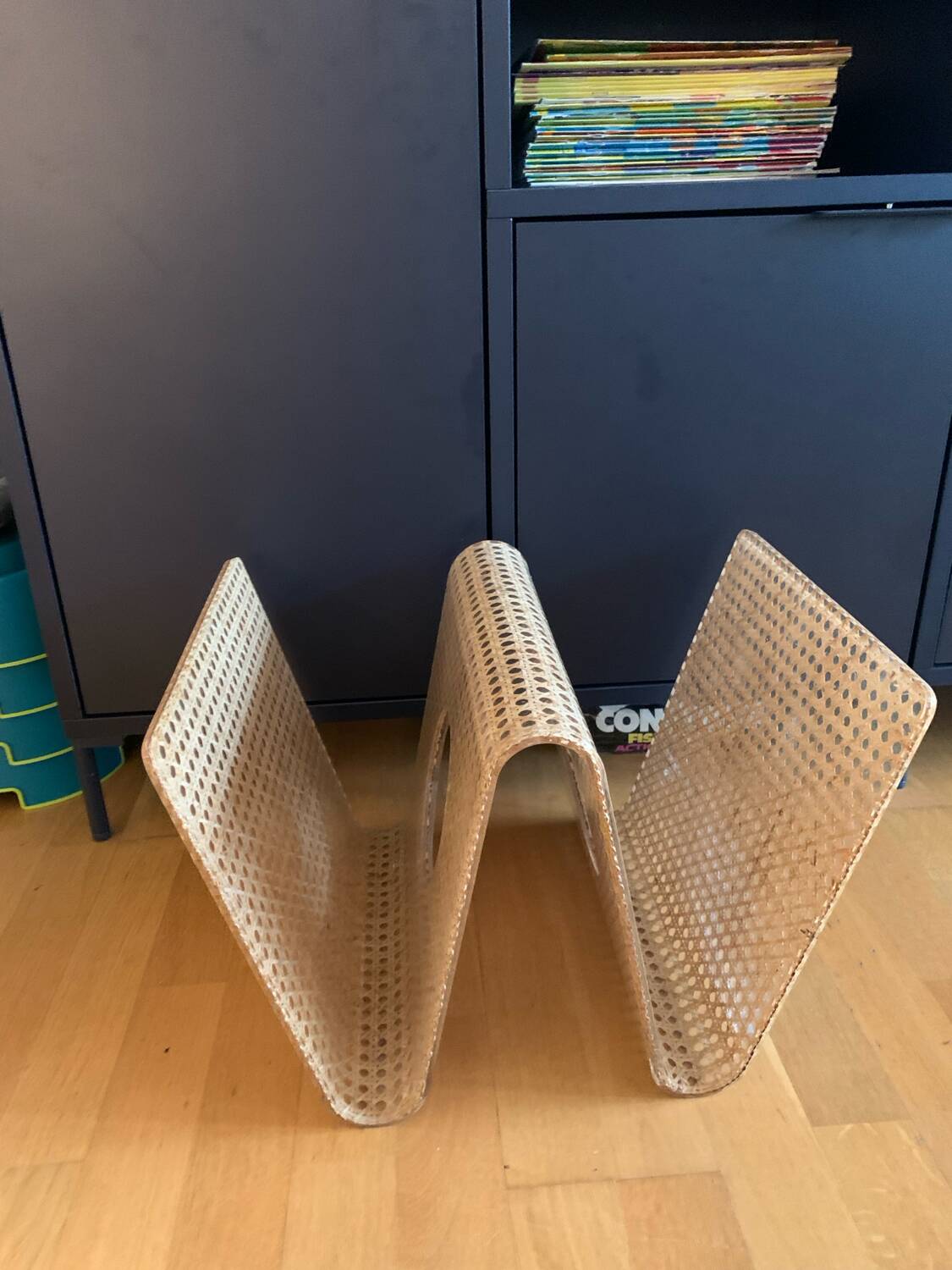 Plexiglass magazine rack with cane work, 1970