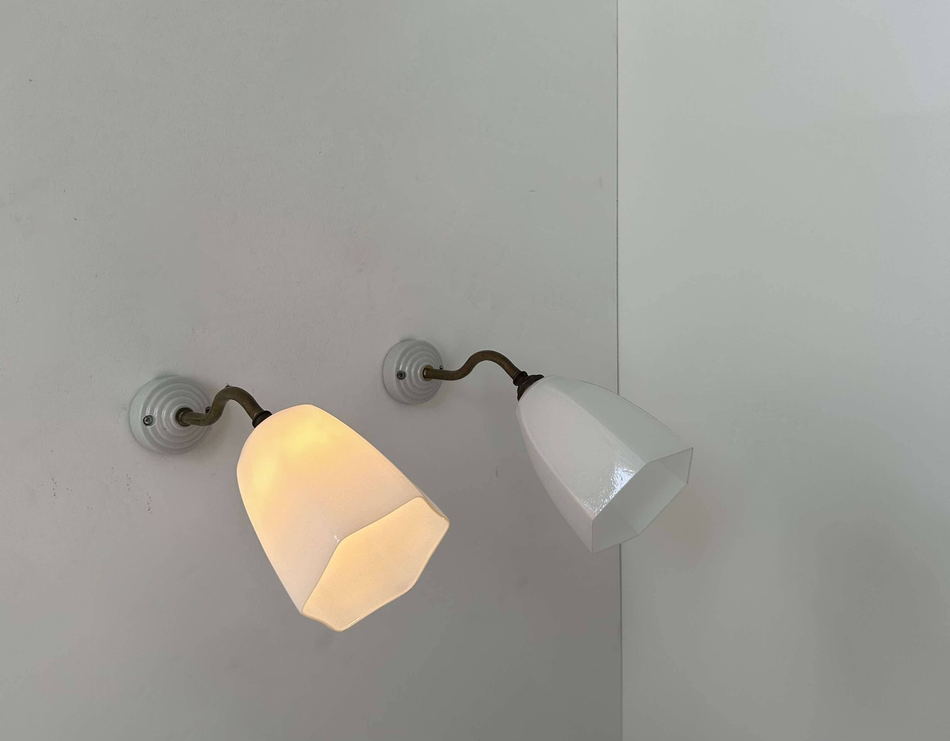 Pair of brass and opaline wall lights, France 1930