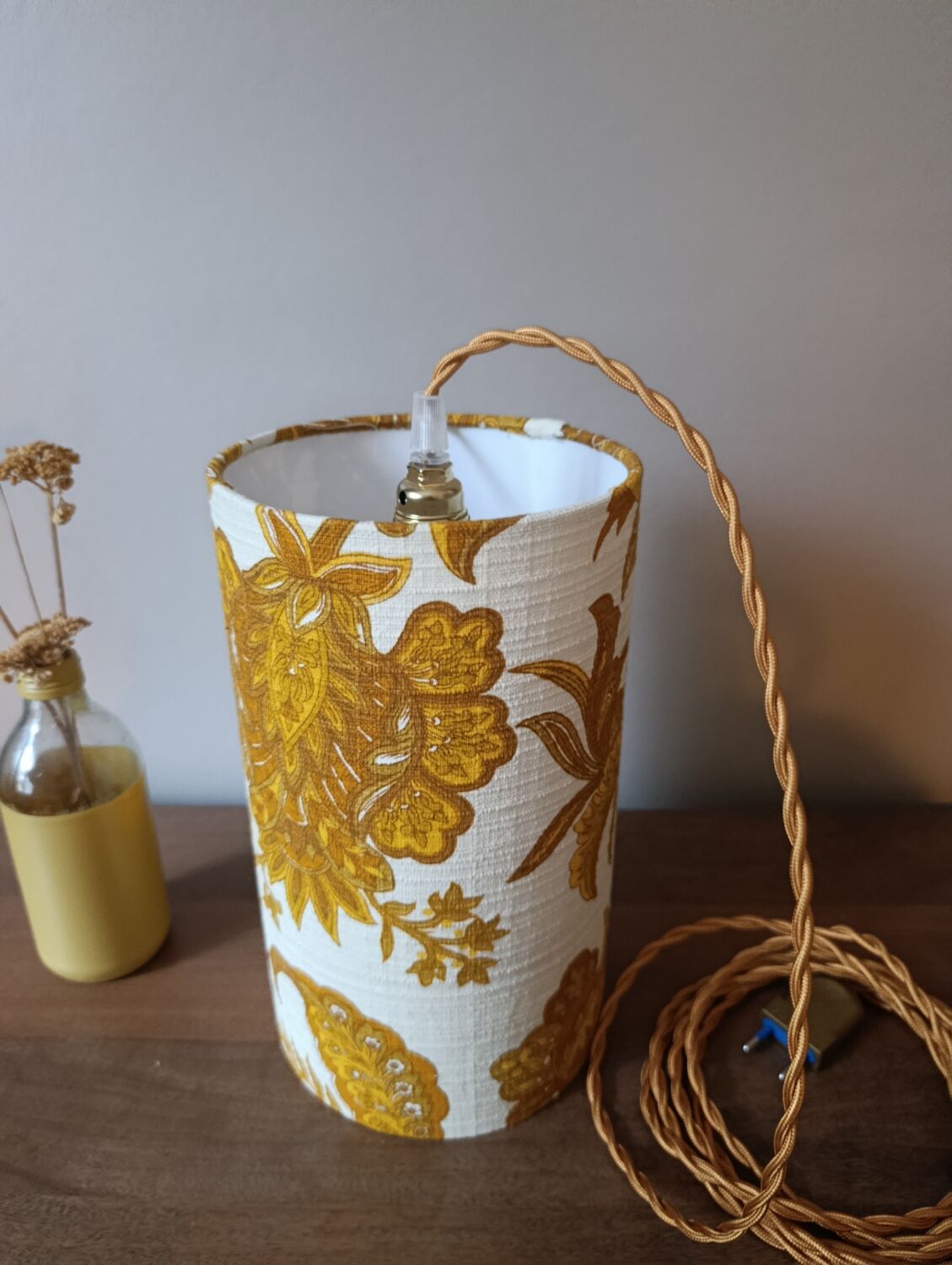 Suspension, nomadic fabric lampshade in vintage yellow floral.