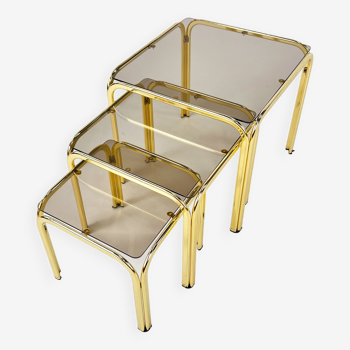 Brass and Smoked glass Nesting Tables, 1970s