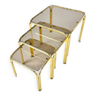Brass and Smoked glass Nesting Tables, 1970s