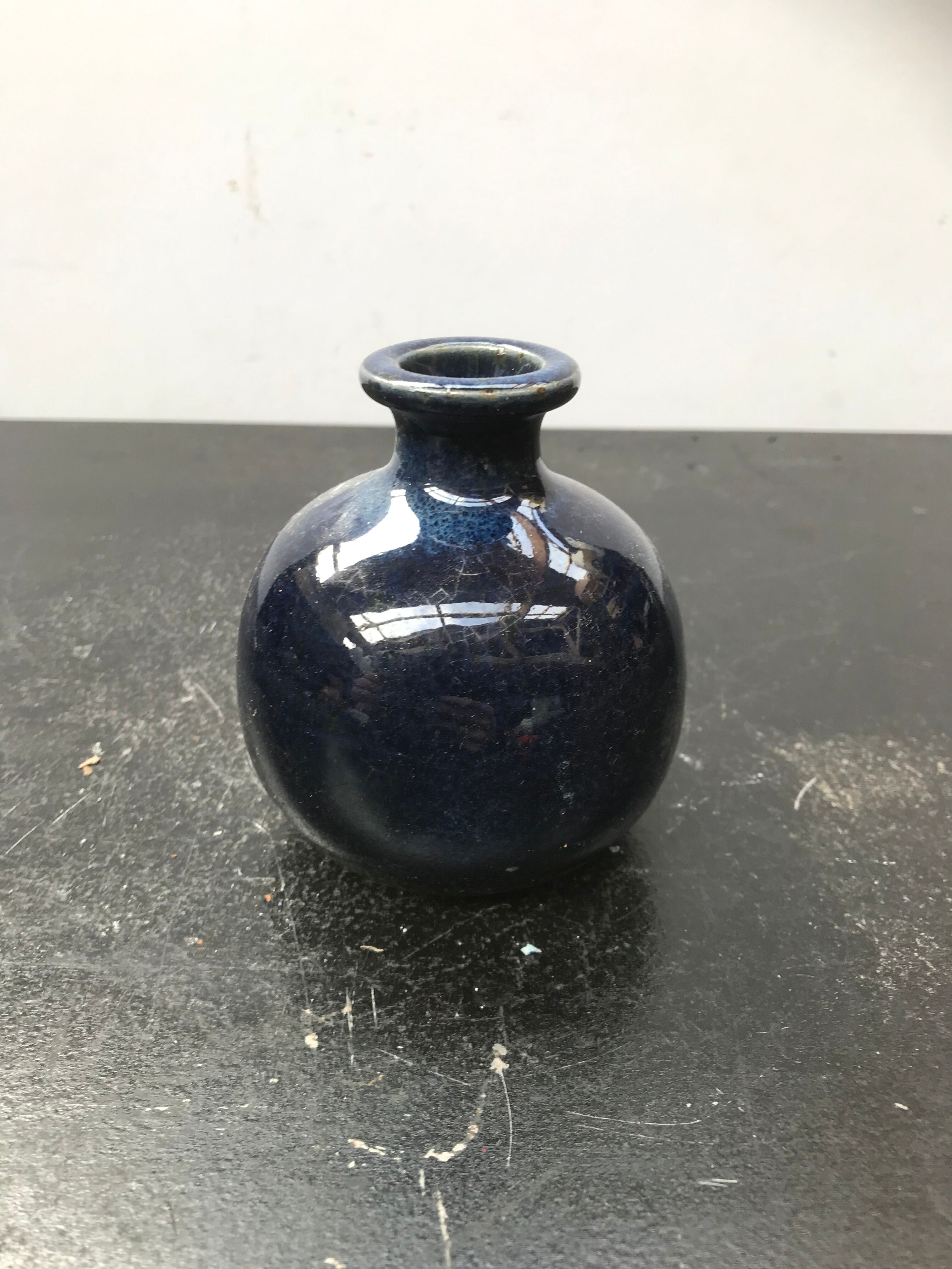 Ancien vase Le Cep boule grès émaillé bleu années 70 vintage