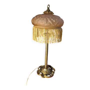 Lampe bronze ancienne abat jour pate de verre rose marbré 51x21. Inter a l