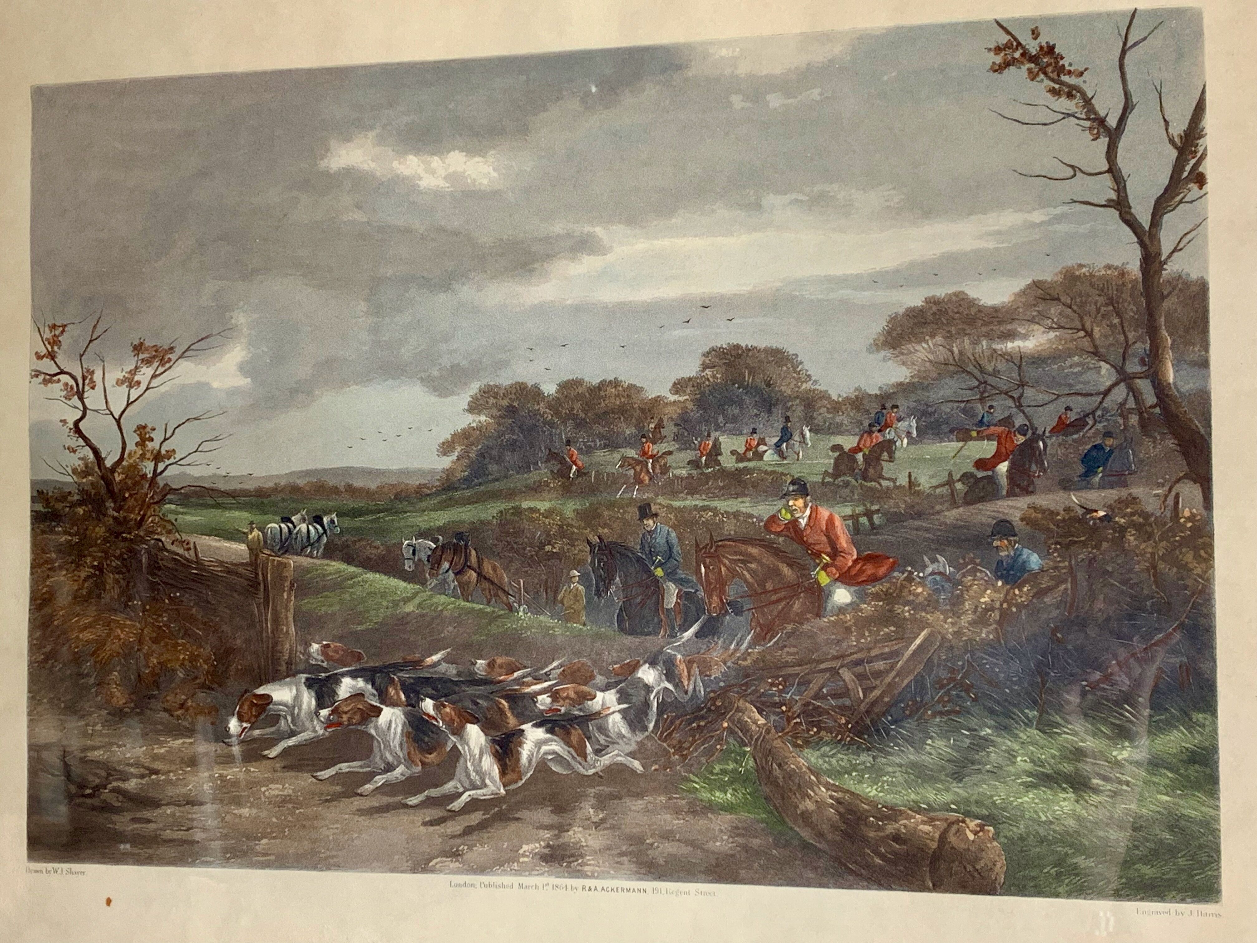 English engraving of hunting hound and hunting dog