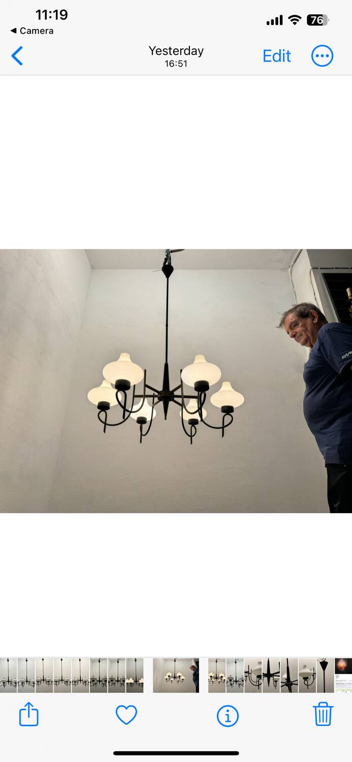 Italian Bronze Opaline Glass Chandelier 1950’s