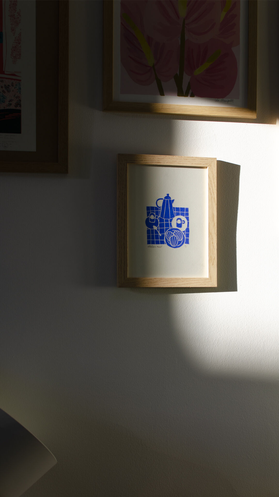 Café bleu, linogravure originale 18 x 24 cm