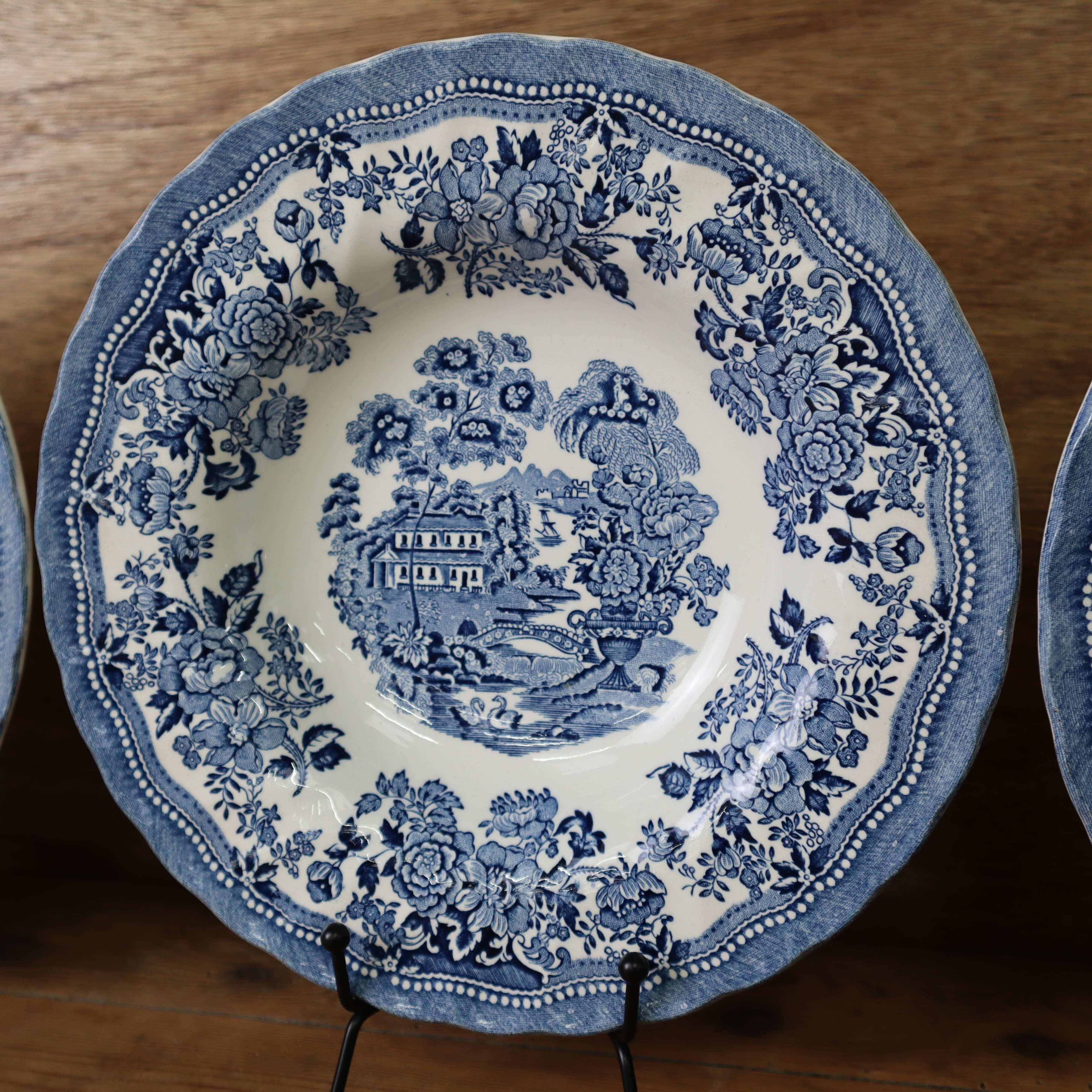 4 Tonquin and Myott English deep plates, Staffordshire blue model