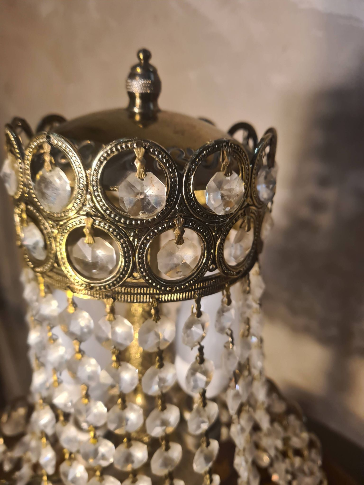 Bronze and brass table lamp 40x20 with crystal glass pendants from the 1940s to 1950s