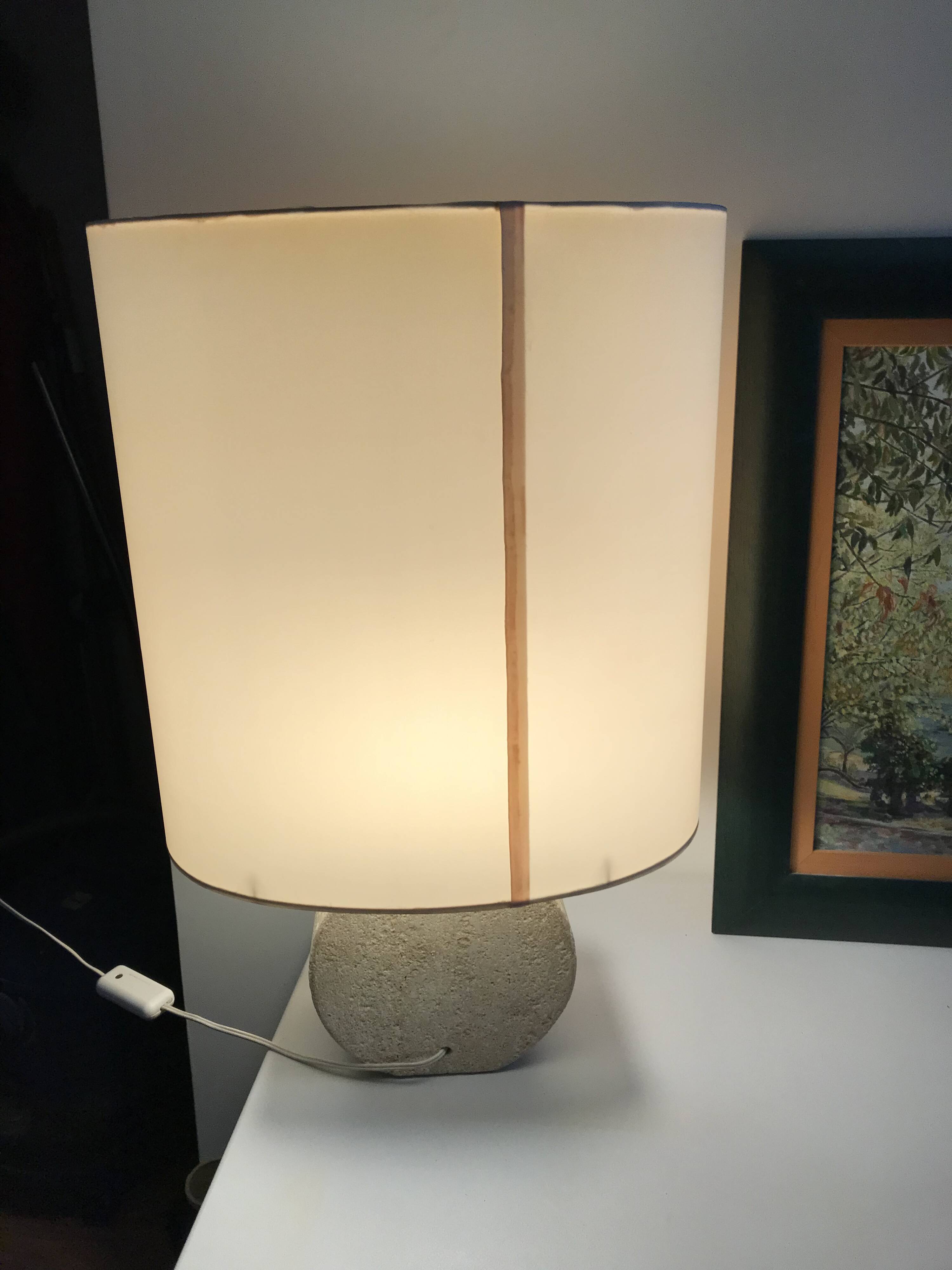 Vintage 70s-80s Lamp - Sculpted Stone Base & Painted Silk Shade