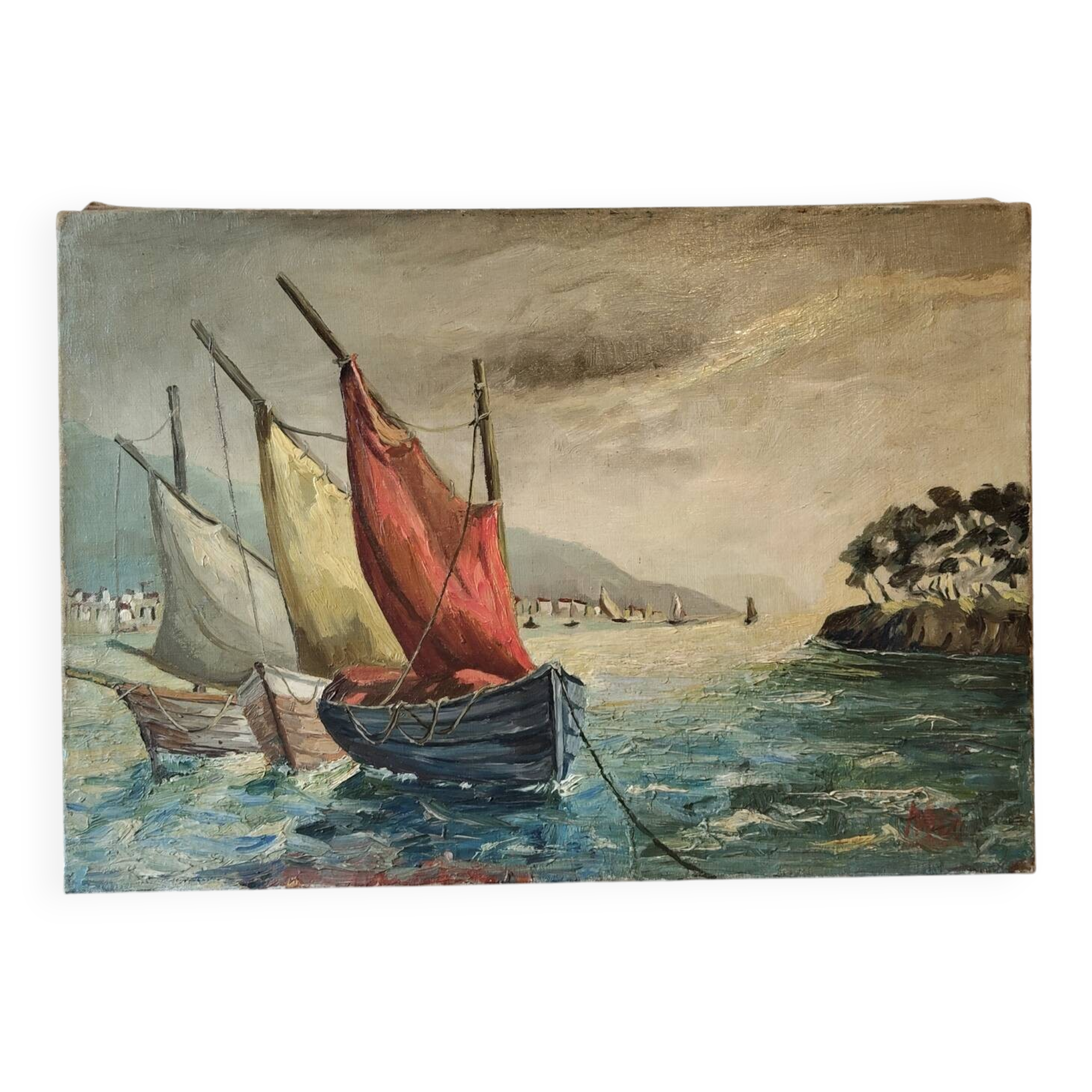 Oil on canvas of a Mediterranean seascape signed MG – 1950s/70s