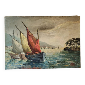 Oil on canvas of a Mediterranean seascape signed MG – 1950s/70s