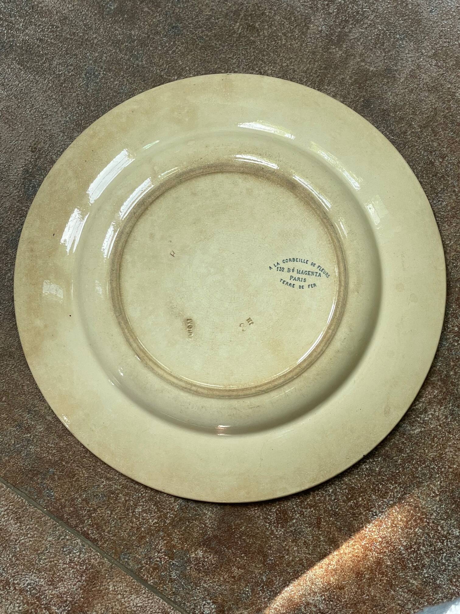 Large ironstone dish "with a basket of flowers" 132 bd magenta