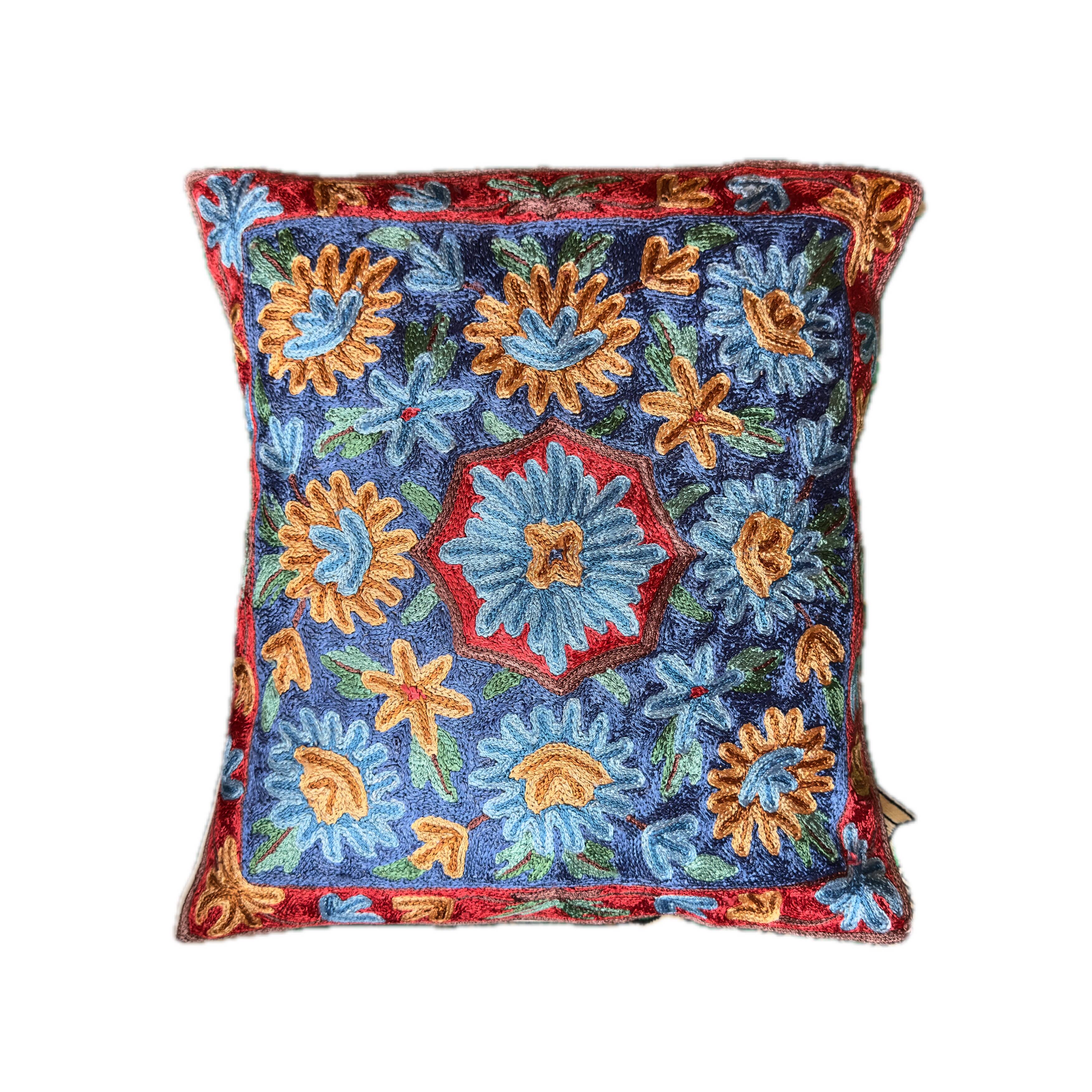Hand-embroidered silk cushion cover from Kashmir, floral pattern 40x40 cm