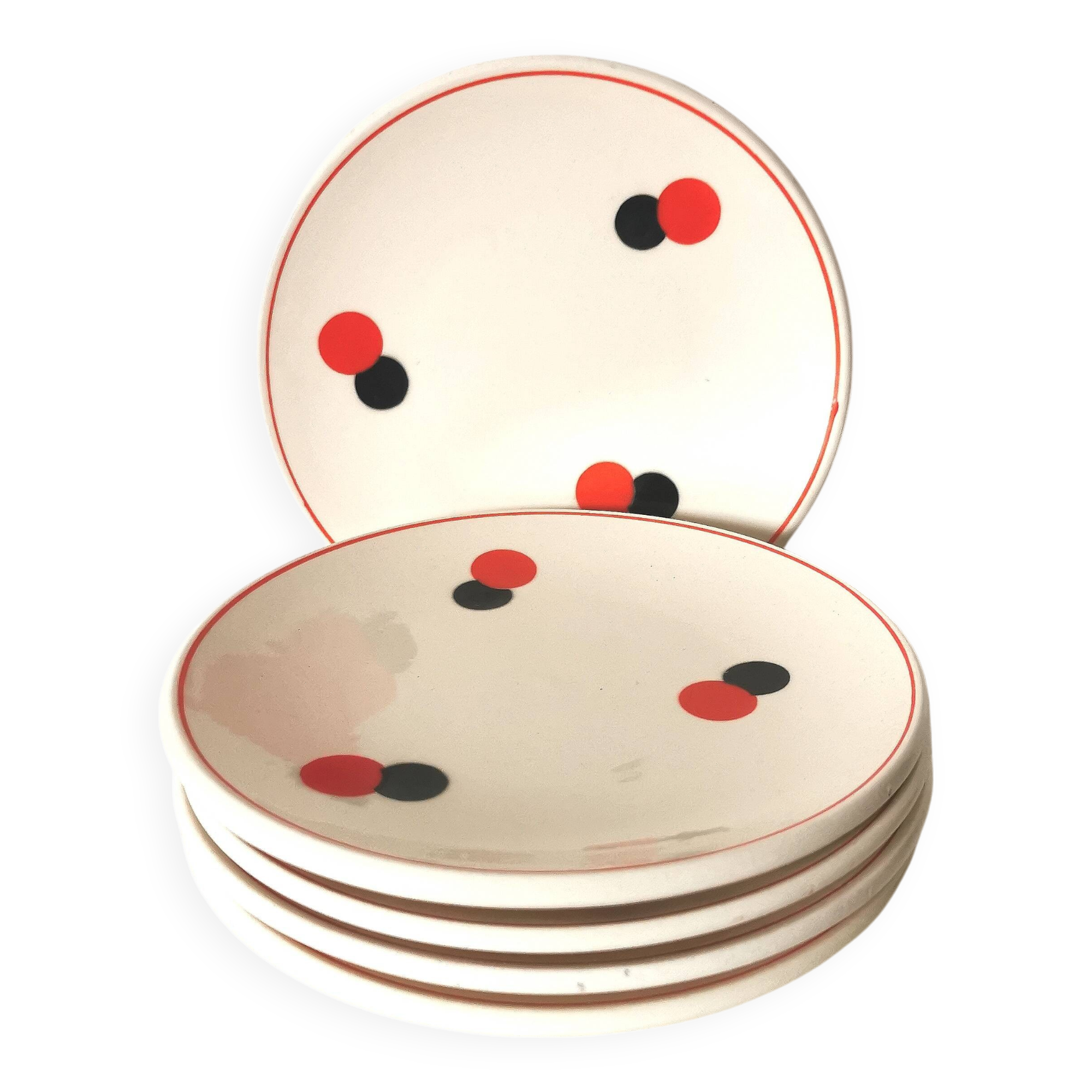 set of 5 Eastern European dessert plates from the 60s, white, red and black