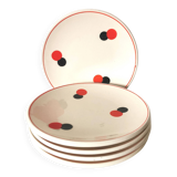 set of 5 Eastern European dessert plates from the 60s, white, red and black