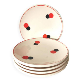 set of 5 Eastern European dessert plates from the 60s, white, red and black