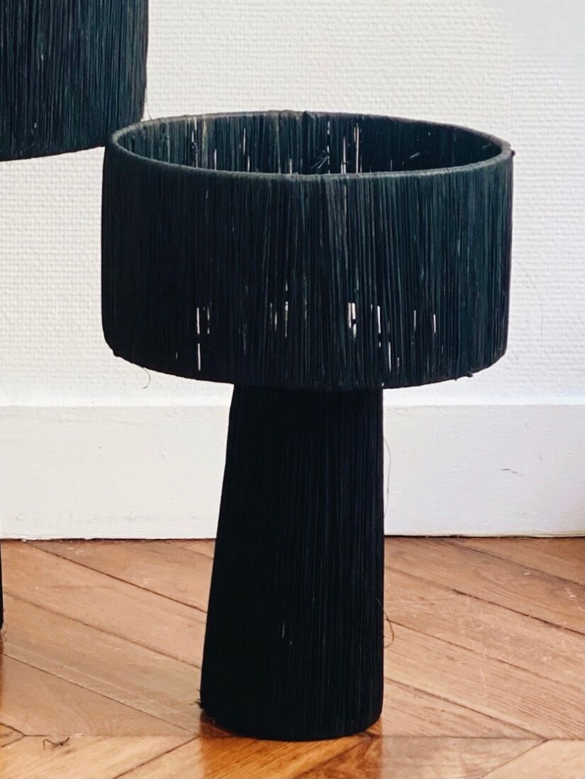 Minimalist black raffia bedside lamp