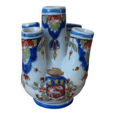 Ancien petit vase pique fleurs faïence de Rouen peint main, vase miniature