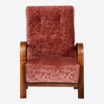 Fauteuil art déco restauré, hêtre bois massif, noyer, années 1930, Tchéquie