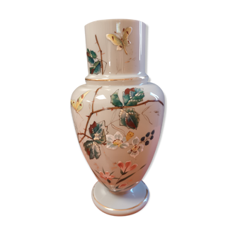Opaline vase enamelled butterfly