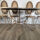 Ensemble table + 4 chaises fer forgé patiné, plateau granit Kashmir, cannag