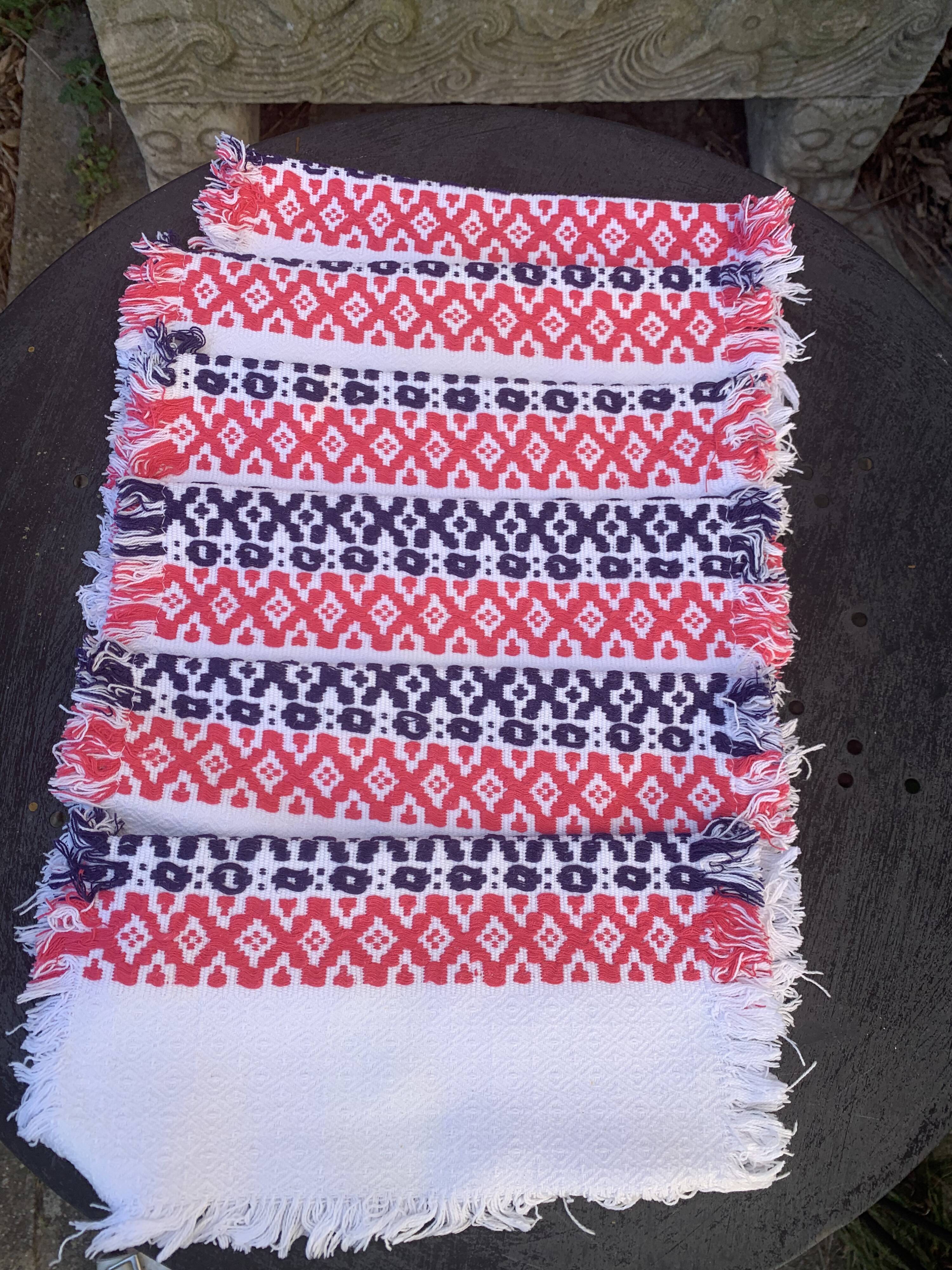 6 towels in Basque cotton patterns pink and indigo blue vintage