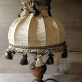Wood bedside lamp with dome shade in granny chic style.