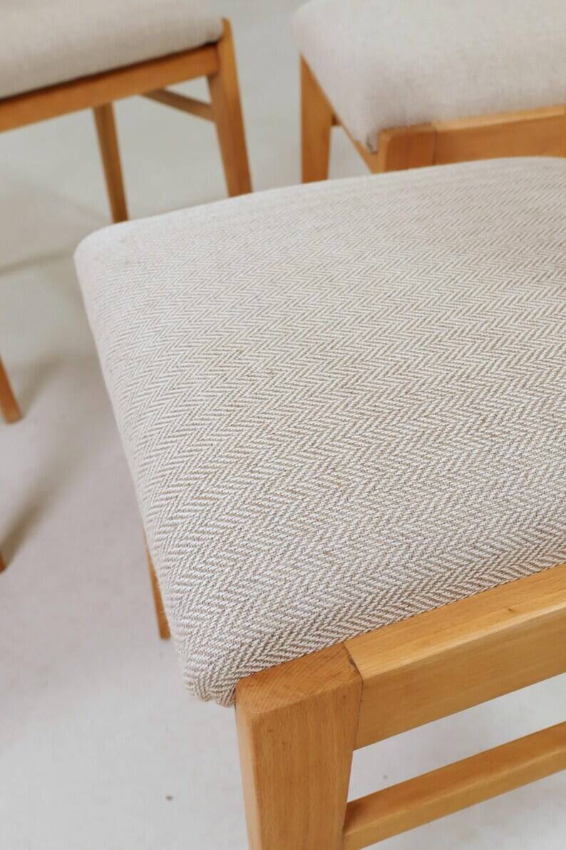Vintage Dining Chairs Set of 4, Natural beech wood, Herringbone fabric