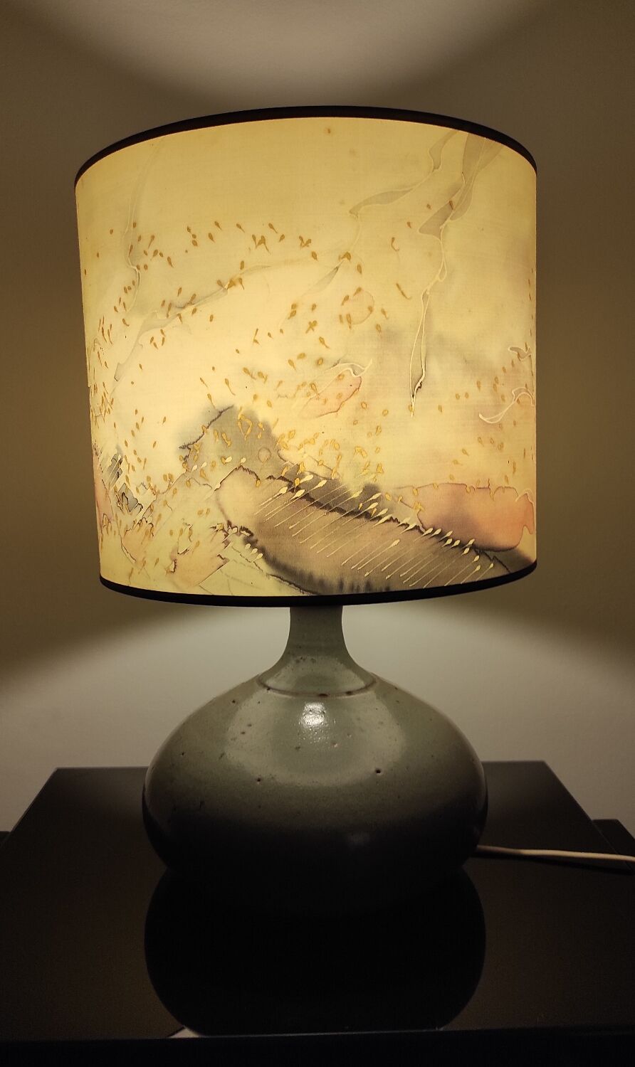 Vintage ceramic lamp signed & hand-painted silk shade 70s