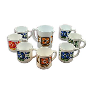 Pitcher and mugs mobil vintage 70s lot of 8 pieces