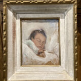 Tableau ancien, portrait bébé endormi, art nouveau