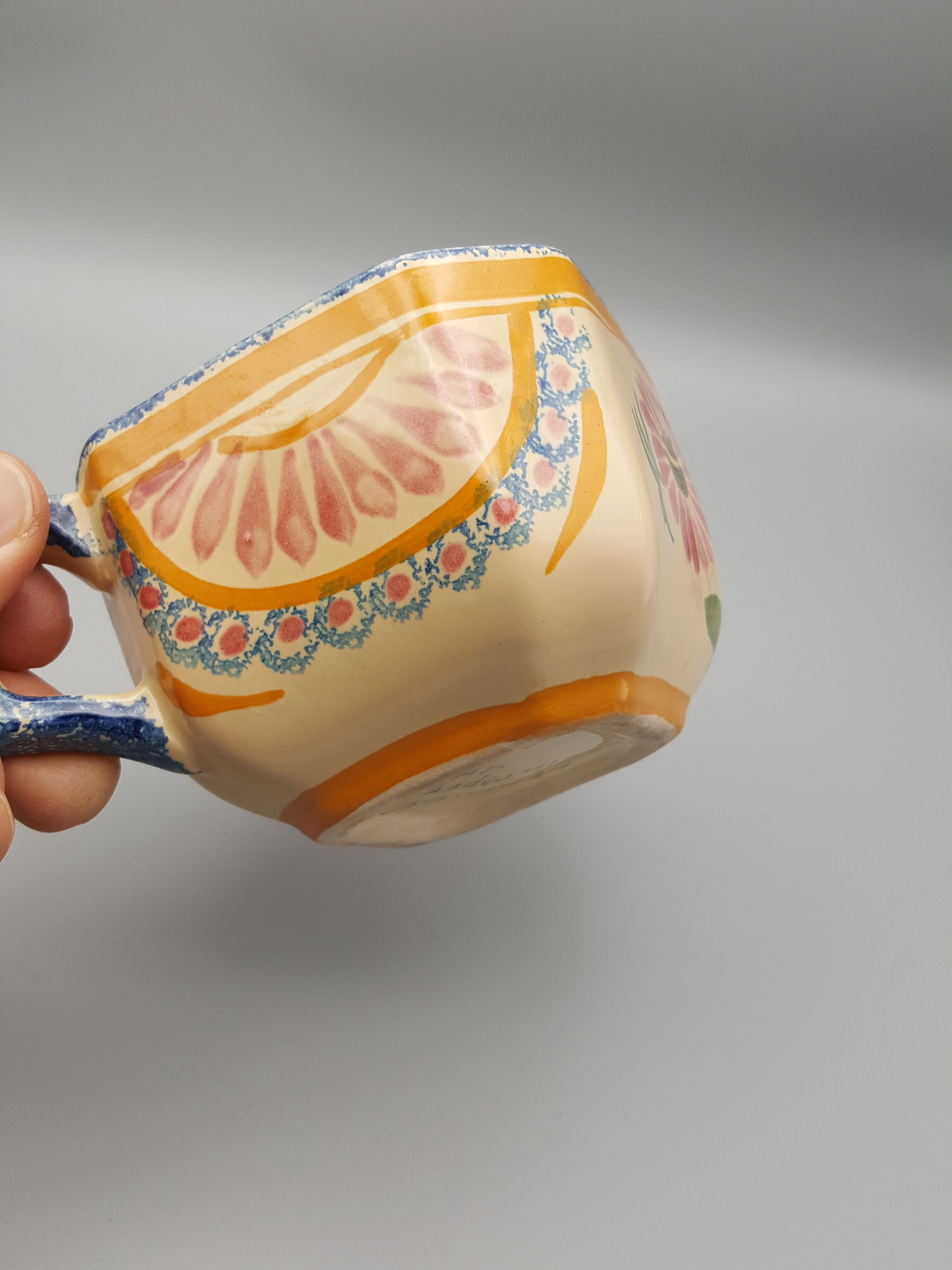 cups with octagonal saucers Henriot Quimper flower decoration leaves flowers