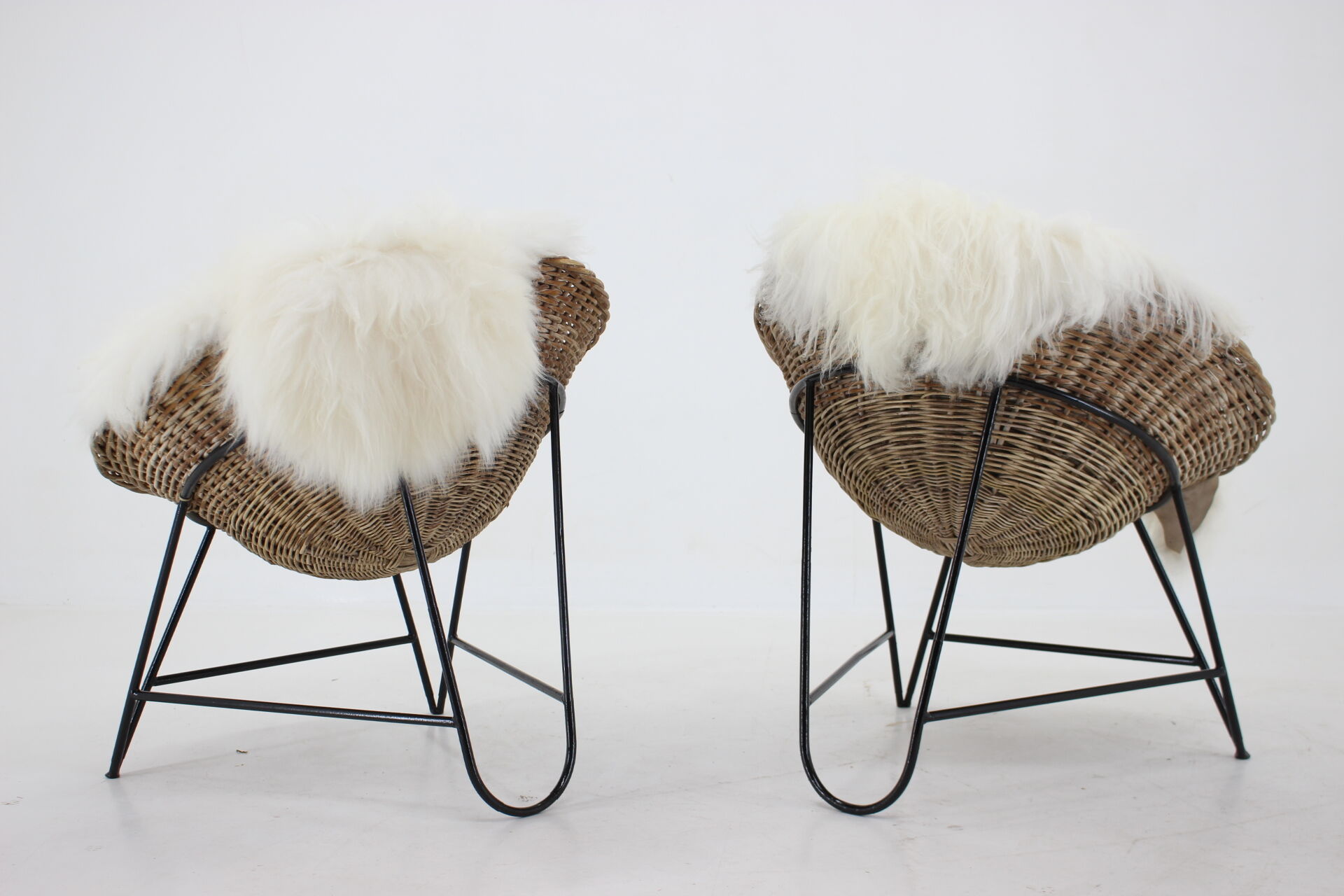 1960s Pair of Rattan Woven Basket Chair with Icelandic Sheepskin