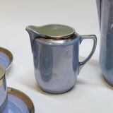 Art deco coffee service in fine iridescent blue porcelain, metal and wood