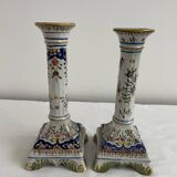 Candlesticks, square base, 19th century, Fourmaintraux, Desvres, flower decoration, scrolls, lambrequins, trellis