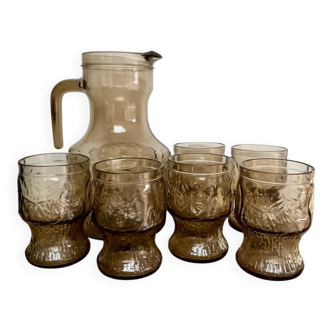 Service à orangeade en verre fumé vintage 