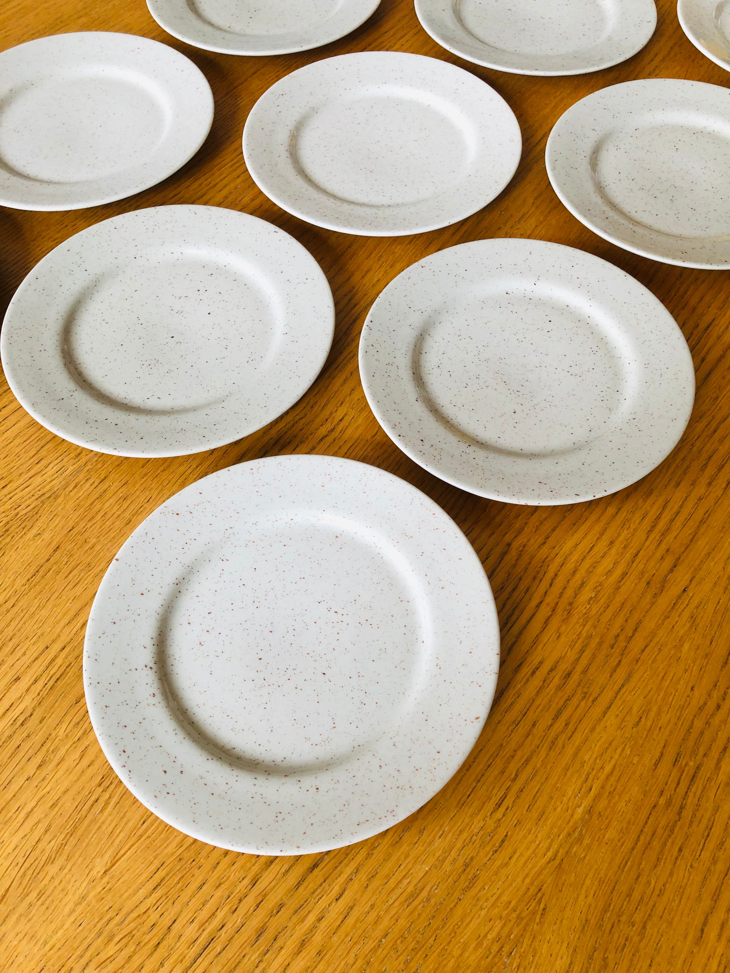 11 Assiettes à dessert en grès moucheté vintage