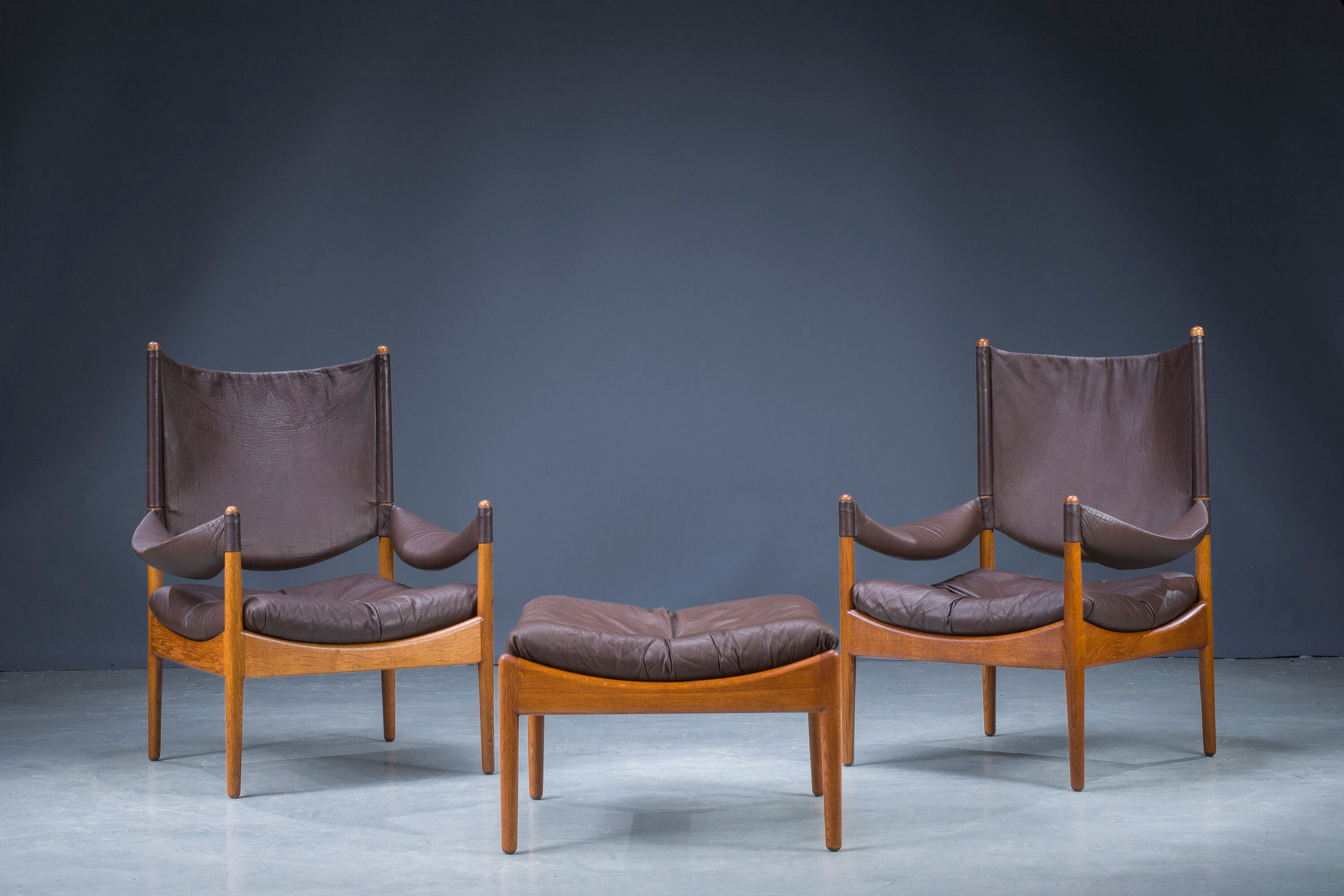 Mid-century danish oak and leather lounge chairs & ottoman by kristian vedel, 1960s, set of 3