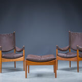 Mid-century danish oak and leather lounge chairs & ottoman by kristian vedel, 1960s, set of 3