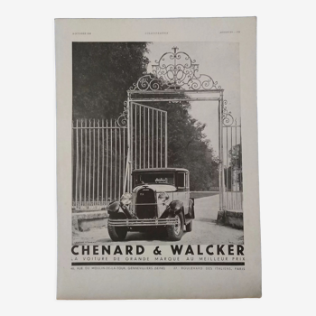 Publicité papier voiture Chenard & Walcker issue revue d'époque 1931