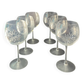 Set of 6 balloon wine glasses in engraved crystal with satin stems - 1980s/90s