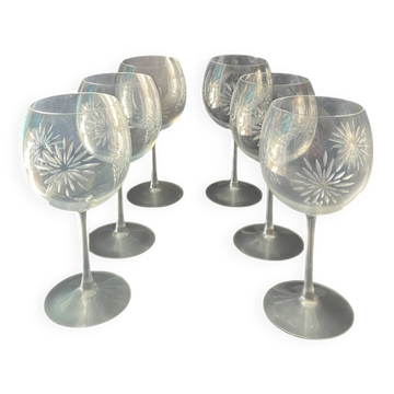 Set of 6 balloon wine glasses in engraved crystal with satin stems - 1980s/90s