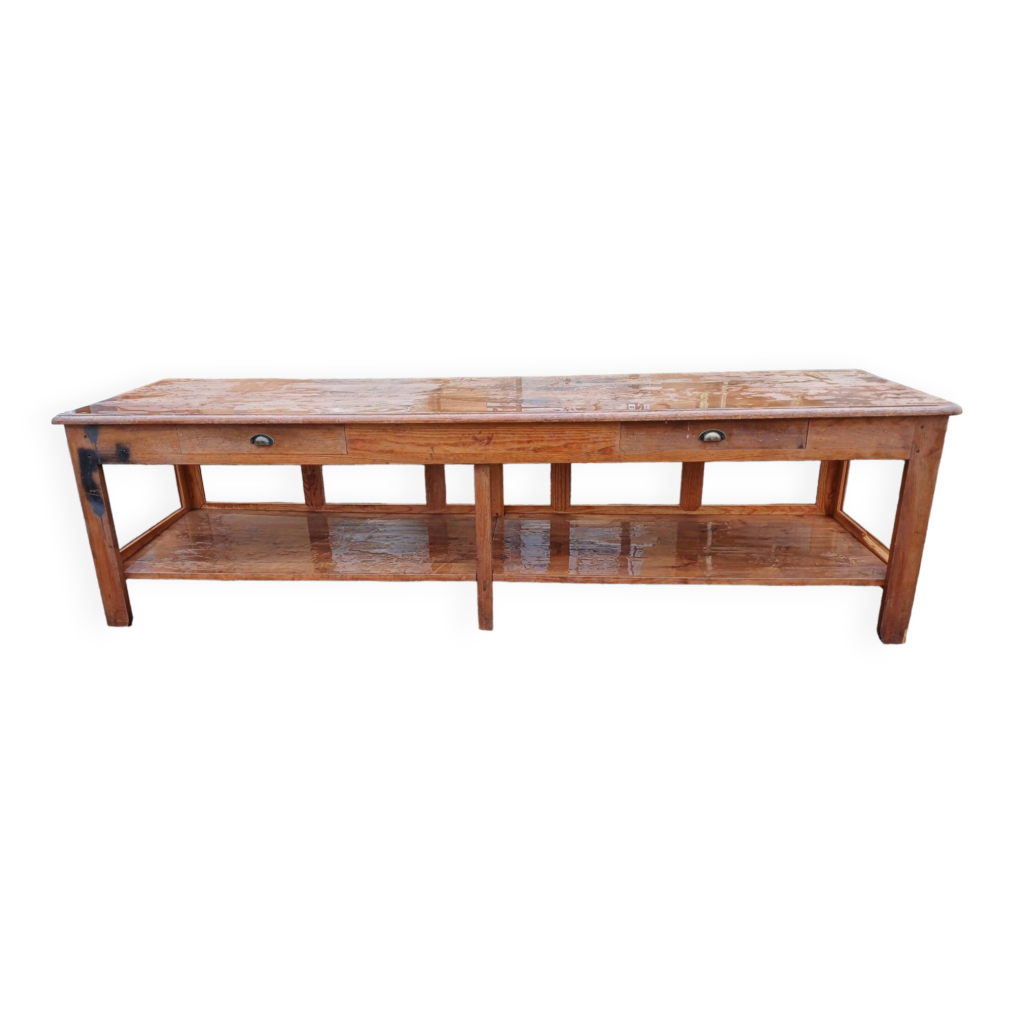 Table de drapier en pin , 2 tiroirs .
