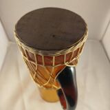 Carafe and 5 glasses set, amber glass and woven wicker, bohemian chic