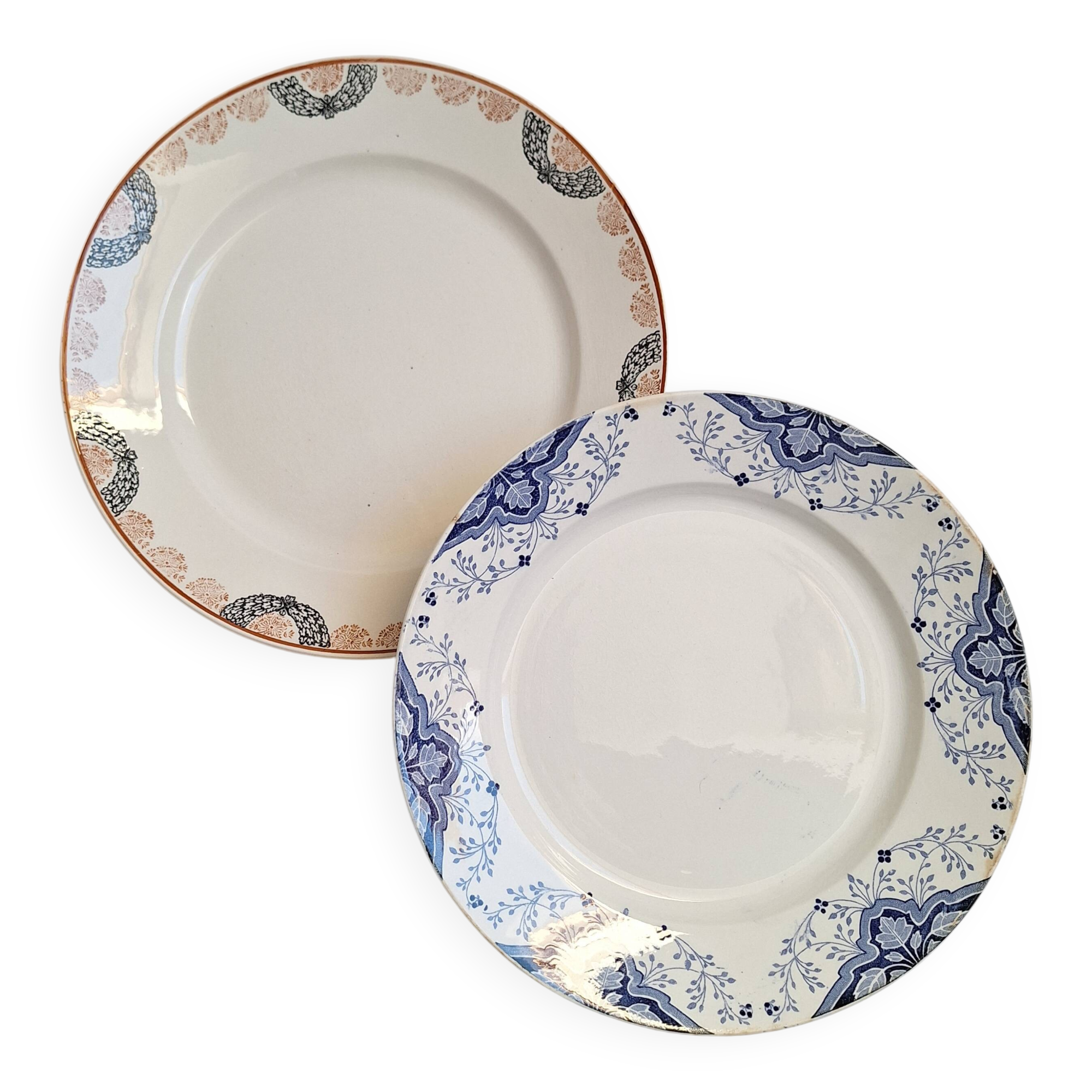 Round orange and blue plate HBCM and Creil and Montereau