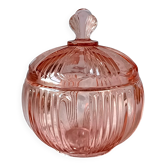 Coloured pink glass bonbonnière, sugar bowl, jewellery box.
