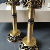 Pair of Hebrew Candlesticks. In antique gold-plated brass. Signed FFS Israel