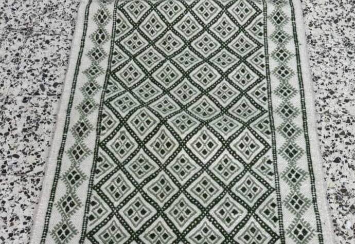 Handmade green and white margoum hallway rug in natural wool